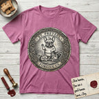 Patron Saint Medallion Saint Pretzel T-Shirt flat lay in Heather Radiant Orchid, featuring an ornate vintage engraving coin medallion of a haloed French Bulldog raising one paw, a small bird on his head and woodland animals at his feet, with the petition FORGIVE US.