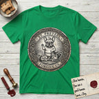 Patron Saint Medallion Saint Pretzel T-Shirt flat lay in Irish Green, featuring an ornate vintage engraving coin medallion of a haloed French Bulldog raising one paw, a small bird on his head and woodland animals at his feet, with the petition FORGIVE US.