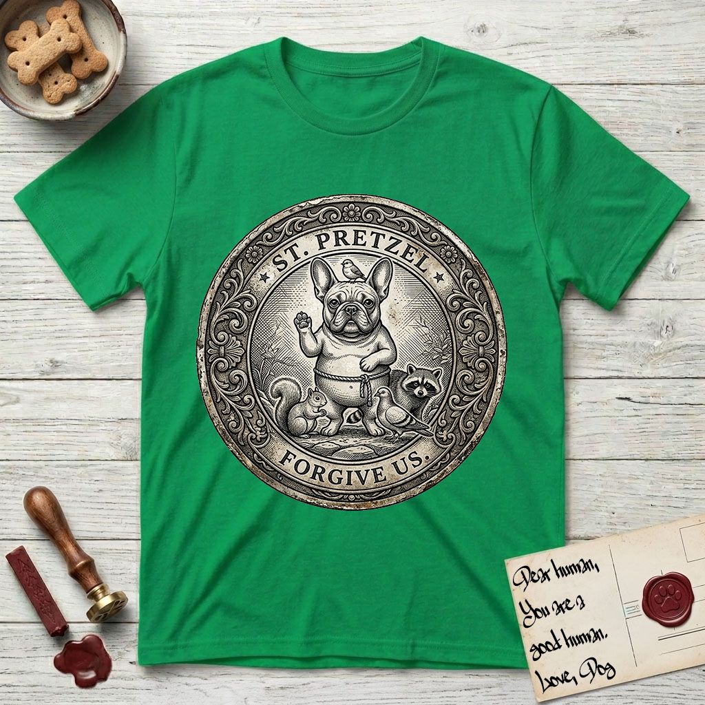 Patron Saint Medallion Saint Pretzel T-Shirt flat lay in Irish Green, featuring an ornate vintage engraving coin medallion of a haloed French Bulldog raising one paw, a small bird on his head and woodland animals at his feet, with the petition FORGIVE US.