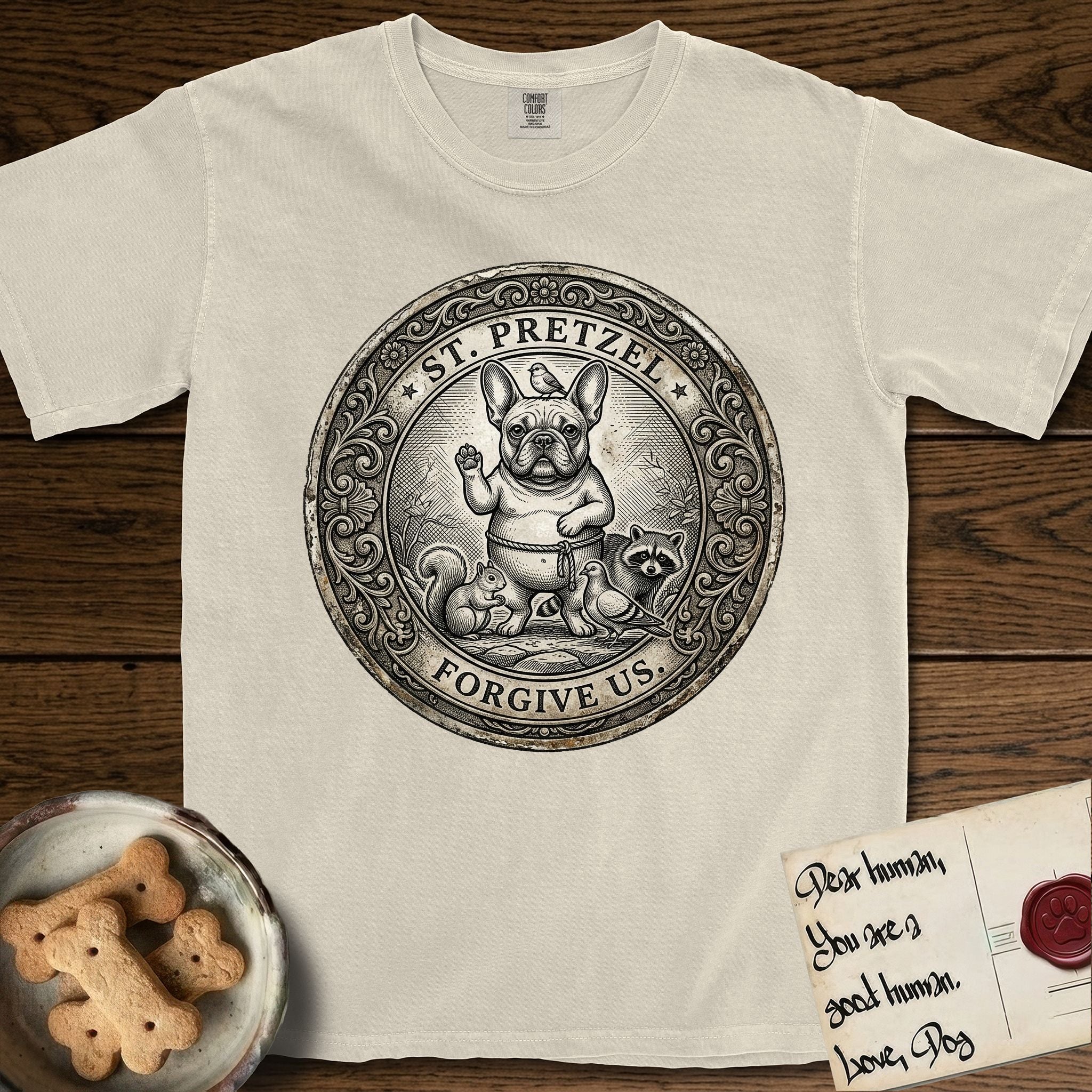 Patron Saint Medallion Saint Pretzel T-Shirt flat lay in Ivory, featuring an ornate vintage engraving coin medallion of a haloed French Bulldog raising one paw, a small bird on his head and woodland animals at his feet, with the petition FORGIVE US.