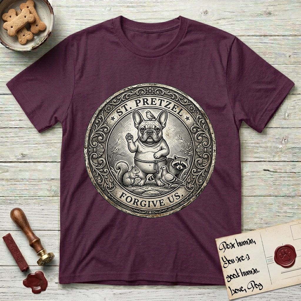 Patron Saint Medallion Saint Pretzel T-Shirt flat lay in Maroon, featuring an ornate vintage engraving coin medallion of a haloed French Bulldog raising one paw, a small bird on his head and woodland animals at his feet, with the petition FORGIVE US.