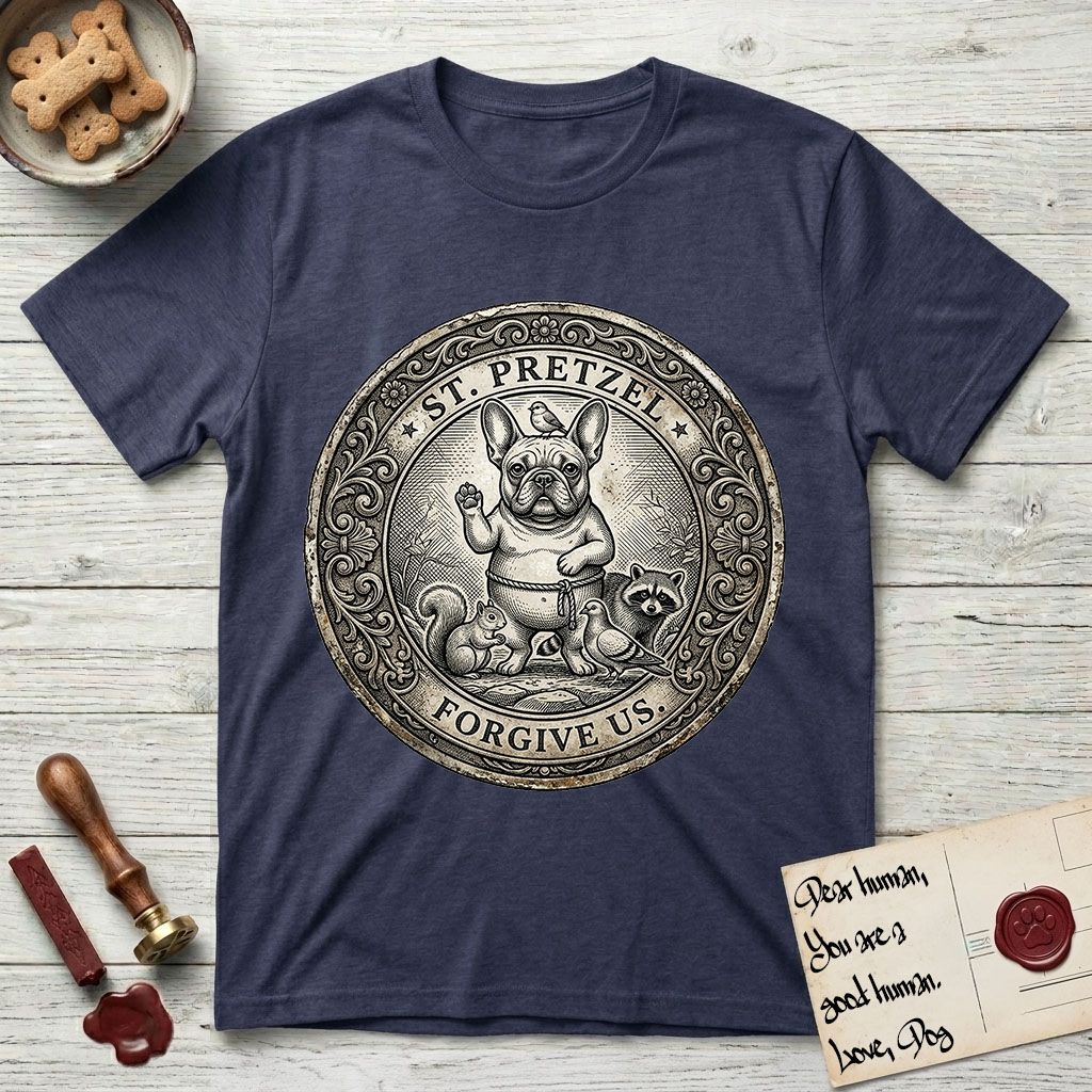 Patron Saint Medallion Saint Pretzel T-Shirt flat lay in Navy, featuring an ornate vintage engraving coin medallion of a haloed French Bulldog raising one paw, a small bird on his head and woodland animals at his feet, with the petition FORGIVE US.