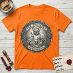 Patron Saint Medallion Saint Pretzel T-Shirt flat lay in Orange, featuring an ornate vintage engraving coin medallion of a haloed French Bulldog raising one paw, a small bird on his head and woodland animals at his feet, with the petition FORGIVE US.