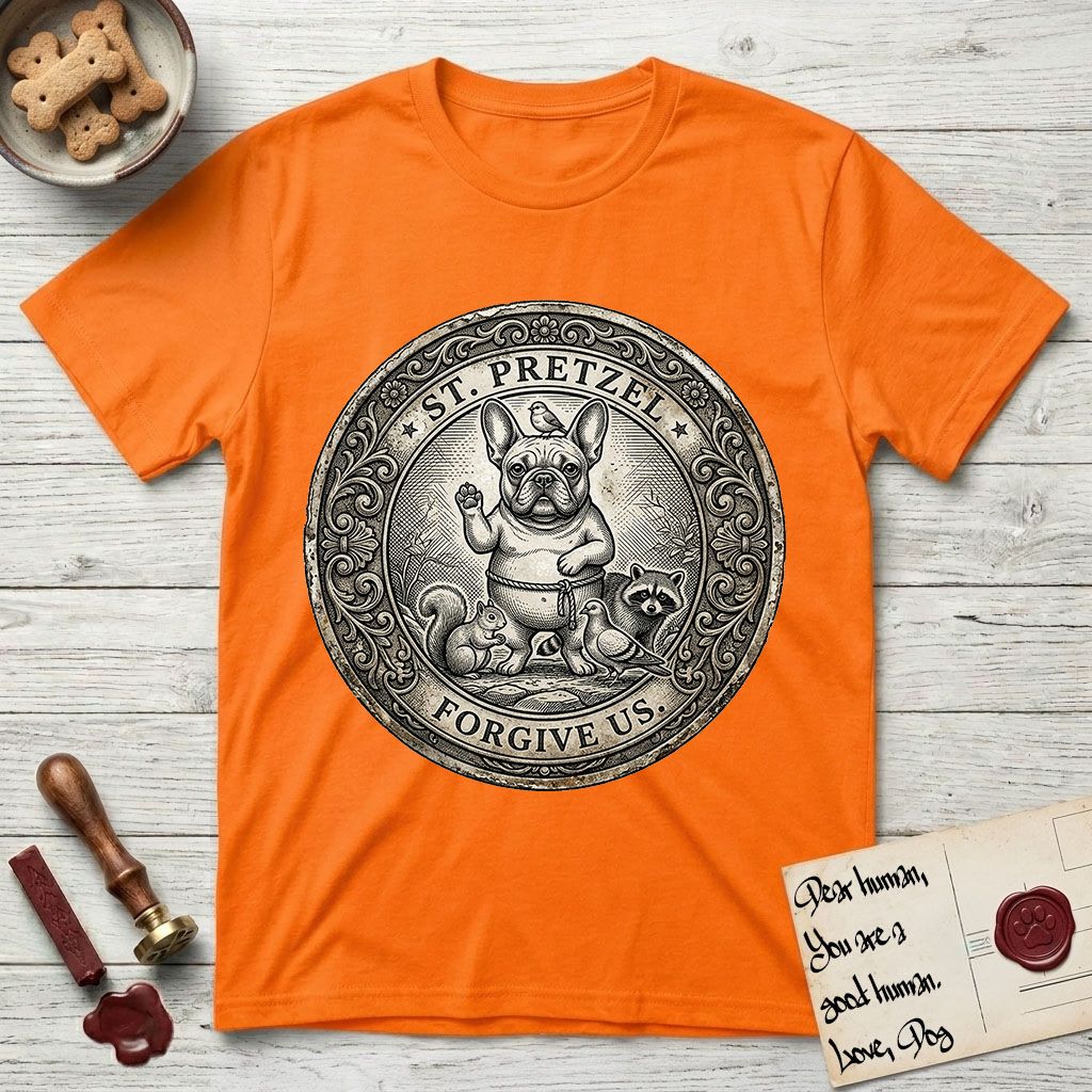 Patron Saint Medallion Saint Pretzel T-Shirt flat lay in Orange, featuring an ornate vintage engraving coin medallion of a haloed French Bulldog raising one paw, a small bird on his head and woodland animals at his feet, with the petition FORGIVE US.