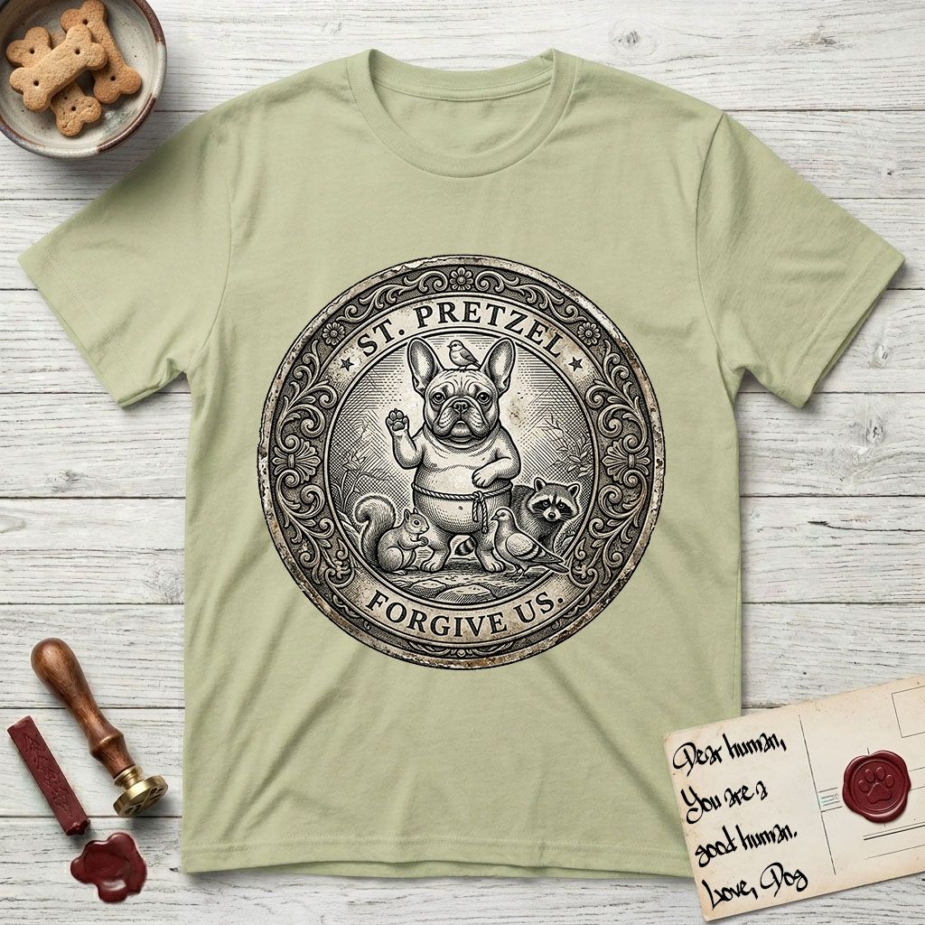 Patron Saint Medallion Saint Pretzel T-Shirt flat lay in Pistachio, featuring an ornate vintage engraving coin medallion of a haloed French Bulldog raising one paw, a small bird on his head and woodland animals at his feet, with the petition FORGIVE US.