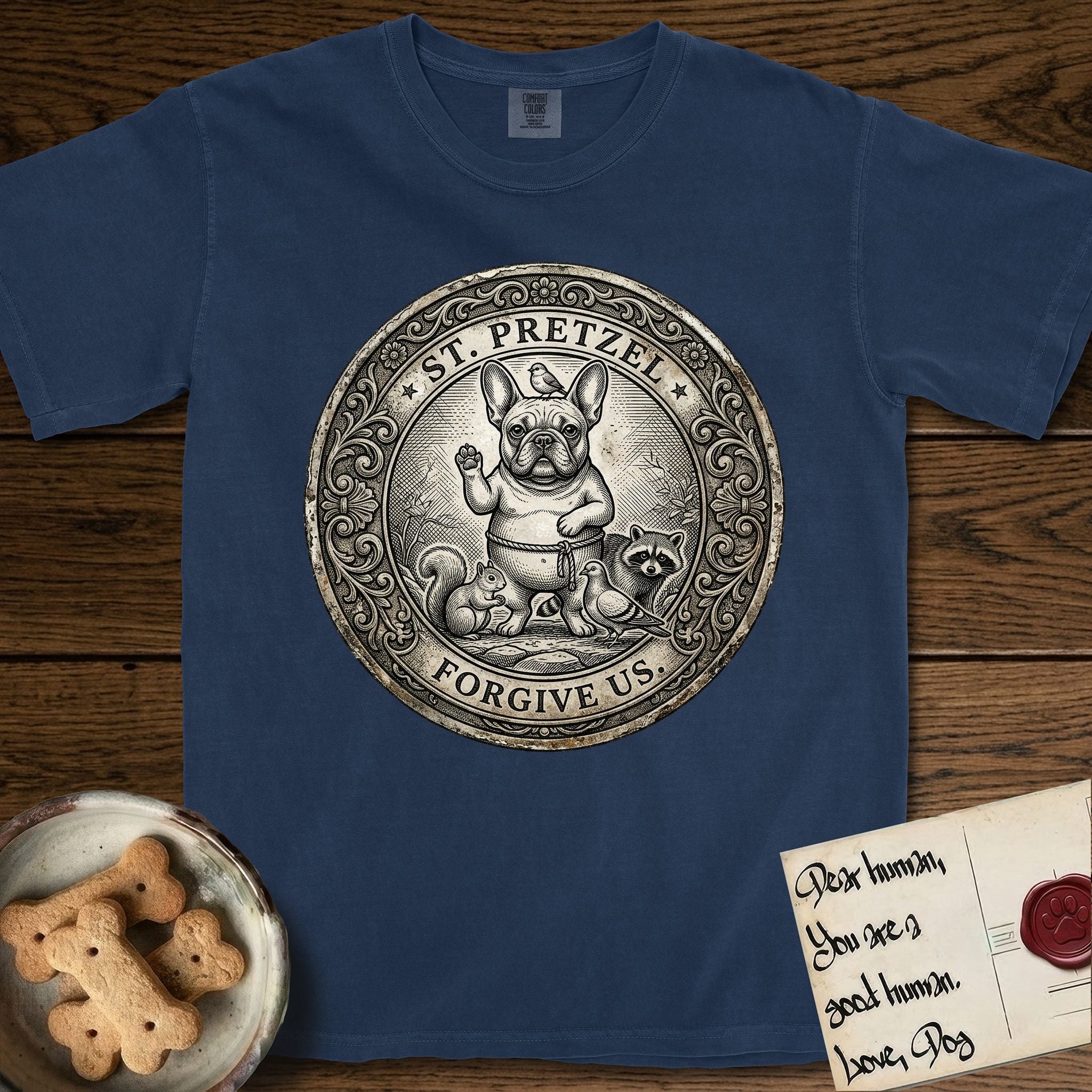 Patron Saint Medallion Saint Pretzel T-Shirt flat lay in True Navy, featuring an ornate vintage engraving coin medallion of a haloed French Bulldog raising one paw, a small bird on his head and woodland animals at his feet, with the petition FORGIVE US.