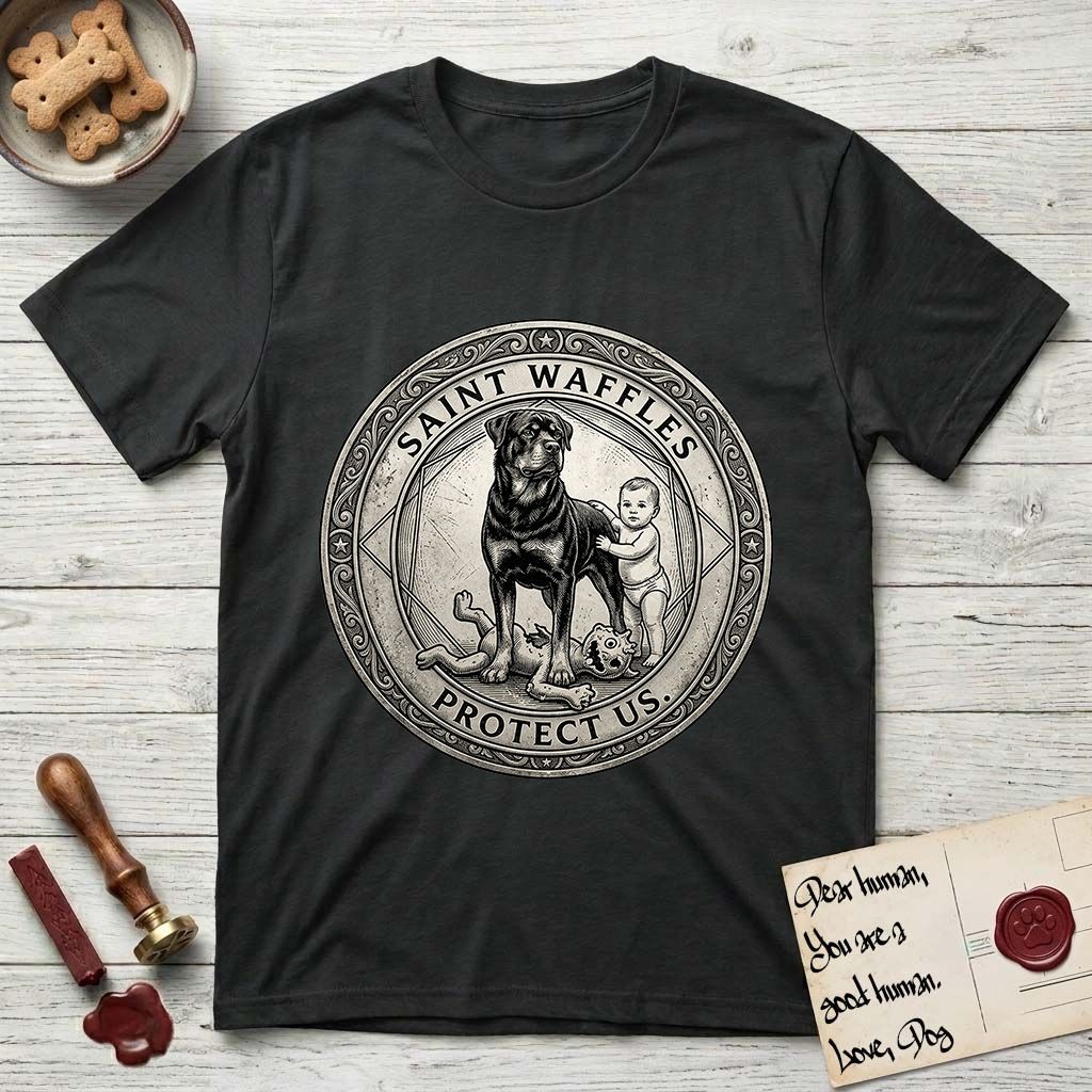 Patron Saint Medallion Saint Waffles T-Shirt flat lay in Black, featuring a vintage engraving coin medallion of a haloed Rottweiler standing guard over a small child, with the petition PROTECT US.