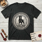 Patron Saint Medallion Saint Waffles T-Shirt flat lay in Black, featuring a vintage engraving coin medallion of a haloed Rottweiler standing guard over a small child, with the petition PROTECT US.