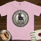 Patron Saint Medallion Saint Waffles T-Shirt flat lay in Blossom, featuring a vintage engraving coin medallion of a haloed Rottweiler standing guard over a small child, with the petition PROTECT US.