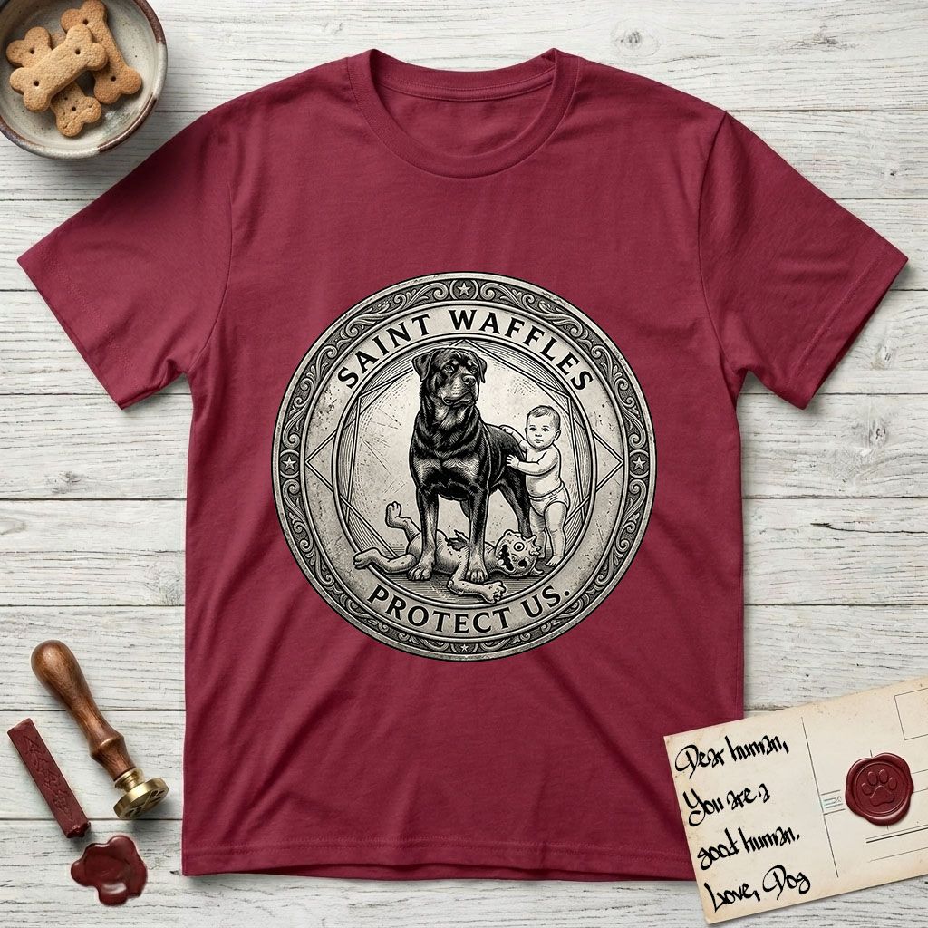 Patron Saint Medallion Saint Waffles T-Shirt flat lay in Cardinal Red, featuring a vintage engraving coin medallion of a haloed Rottweiler standing guard over a small child, with the petition PROTECT US.