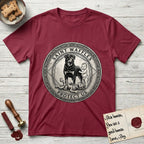 Patron Saint Medallion Saint Waffles T-Shirt flat lay in Cardinal Red, featuring a vintage engraving coin medallion of a haloed Rottweiler standing guard over a small child, with the petition PROTECT US.