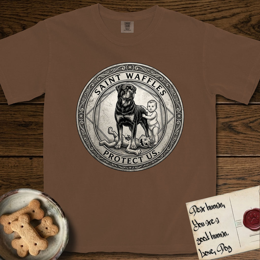 Patron Saint Medallion Saint Waffles T-Shirt flat lay in Espresso, featuring a vintage engraving coin medallion of a haloed Rottweiler standing guard over a small child, with the petition PROTECT US.