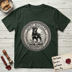 Patron Saint Medallion Saint Waffles T-Shirt flat lay in Forest Green, featuring a vintage engraving coin medallion of a haloed Rottweiler standing guard over a small child, with the petition PROTECT US.