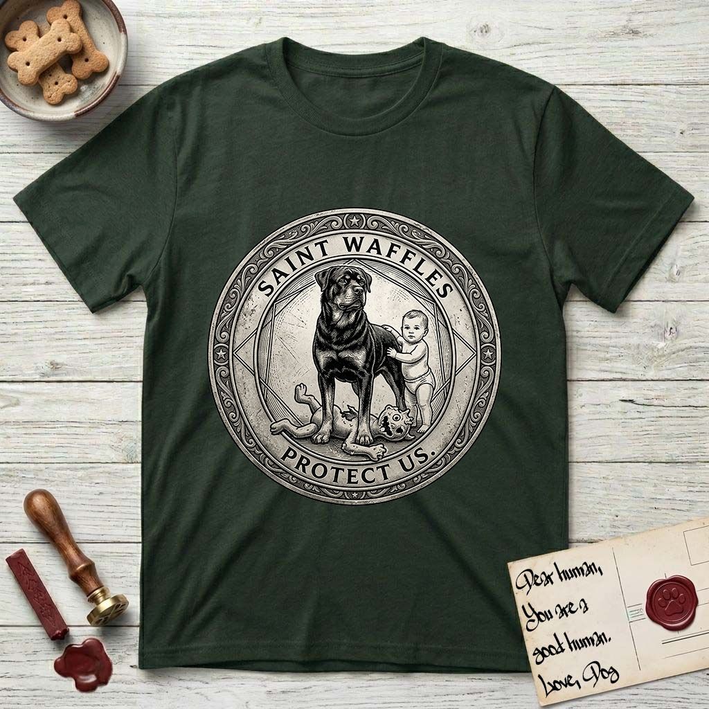 Patron Saint Medallion Saint Waffles T-Shirt flat lay in Forest Green, featuring a vintage engraving coin medallion of a haloed Rottweiler standing guard over a small child, with the petition PROTECT US.