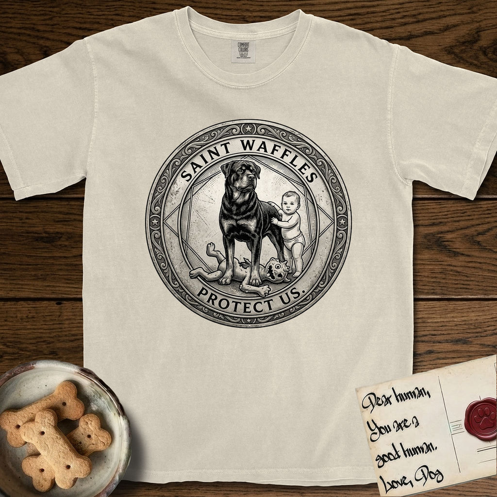 Patron Saint Medallion Saint Waffles T-Shirt flat lay in Ivory, featuring a vintage engraving coin medallion of a haloed Rottweiler standing guard over a small child, with the petition PROTECT US.