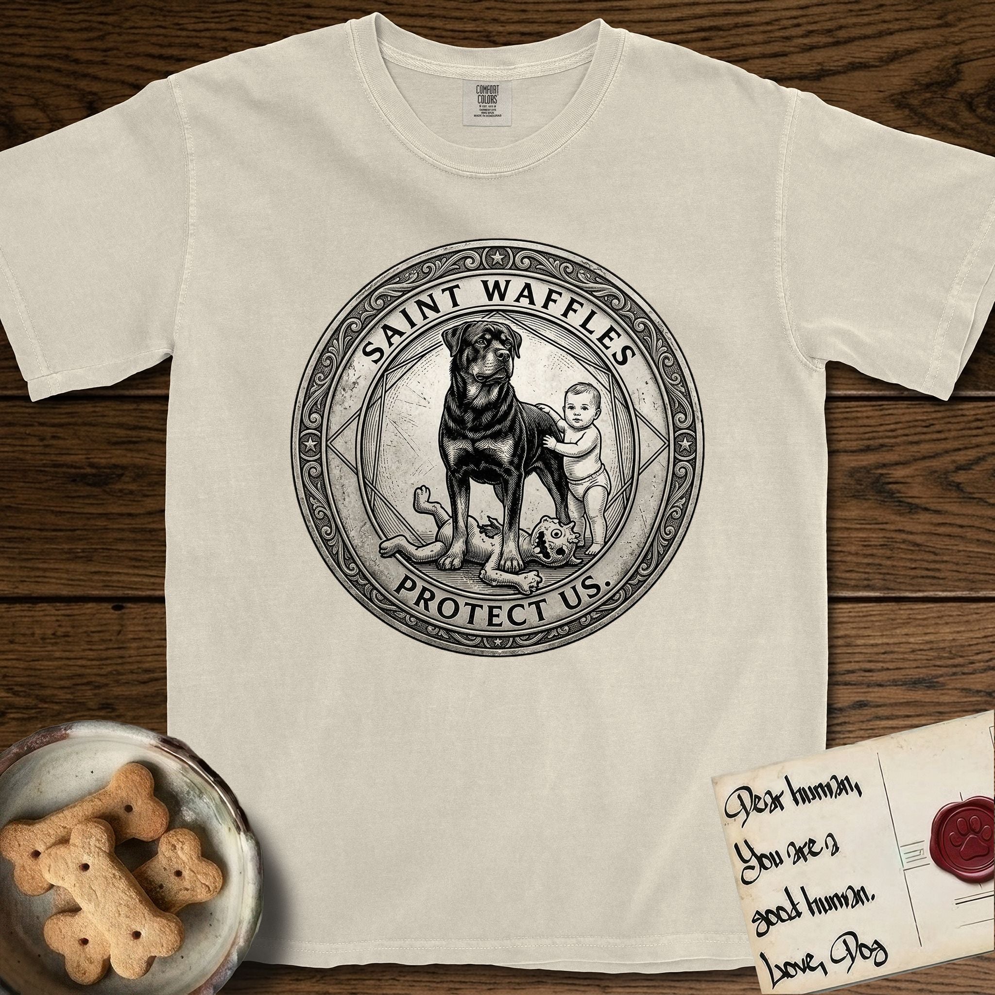 Patron Saint Medallion Saint Waffles T-Shirt flat lay in Ivory, featuring a vintage engraving coin medallion of a haloed Rottweiler standing guard over a small child, with the petition PROTECT US.