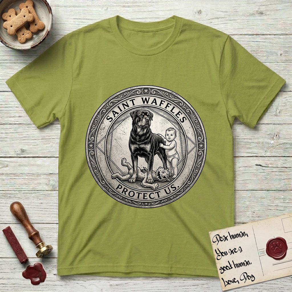Patron Saint Medallion Saint Waffles T-Shirt flat lay in Kiwi, featuring a vintage engraving coin medallion of a haloed Rottweiler standing guard over a small child, with the petition PROTECT US.
