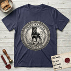 Patron Saint Medallion Saint Waffles T-Shirt flat lay in Navy, featuring a vintage engraving coin medallion of a haloed Rottweiler standing guard over a small child, with the petition PROTECT US.