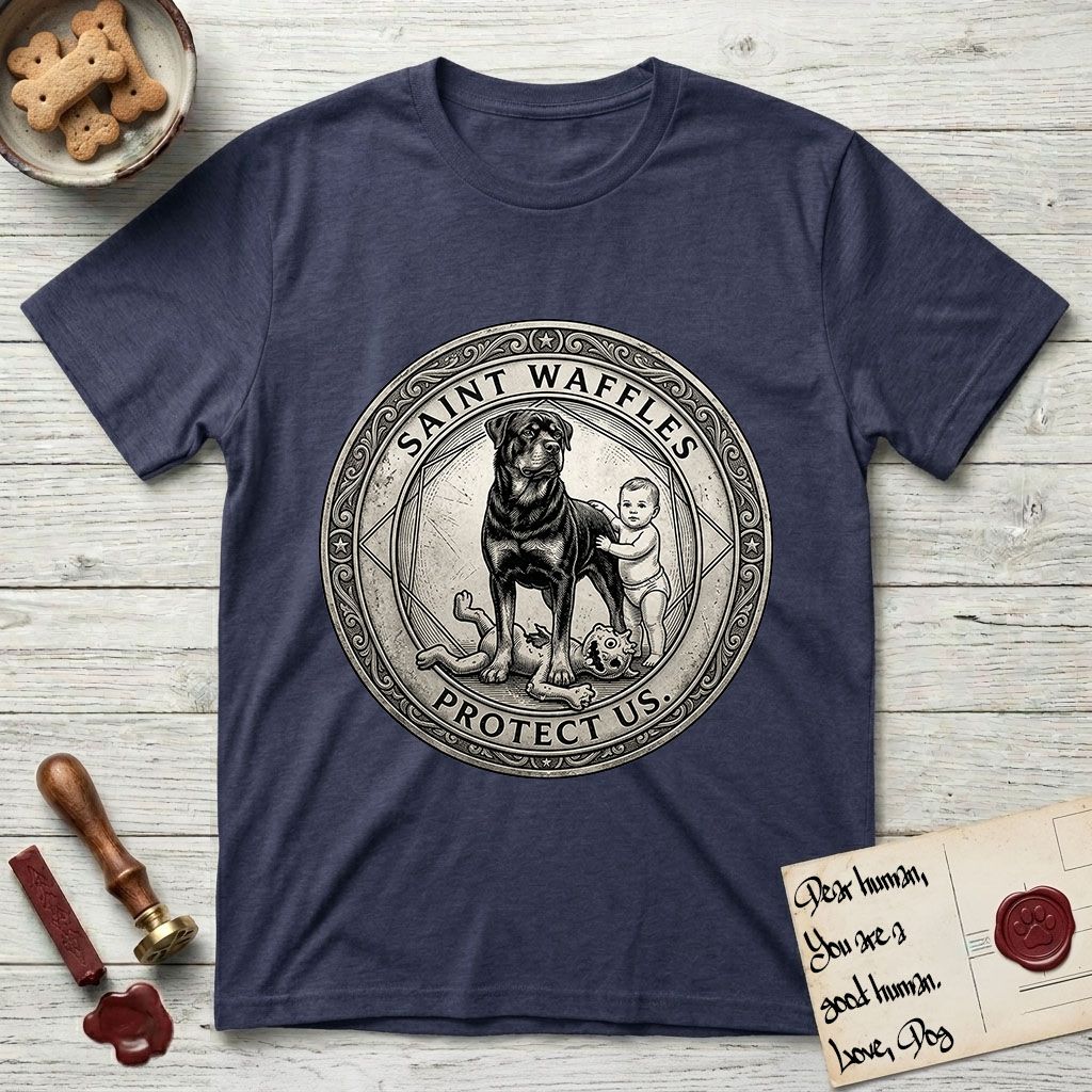 Patron Saint Medallion Saint Waffles T-Shirt flat lay in Navy, featuring a vintage engraving coin medallion of a haloed Rottweiler standing guard over a small child, with the petition PROTECT US.