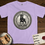 Patron Saint Medallion Saint Waffles T-Shirt flat lay in Orchid, featuring a vintage engraving coin medallion of a haloed Rottweiler standing guard over a small child, with the petition PROTECT US.