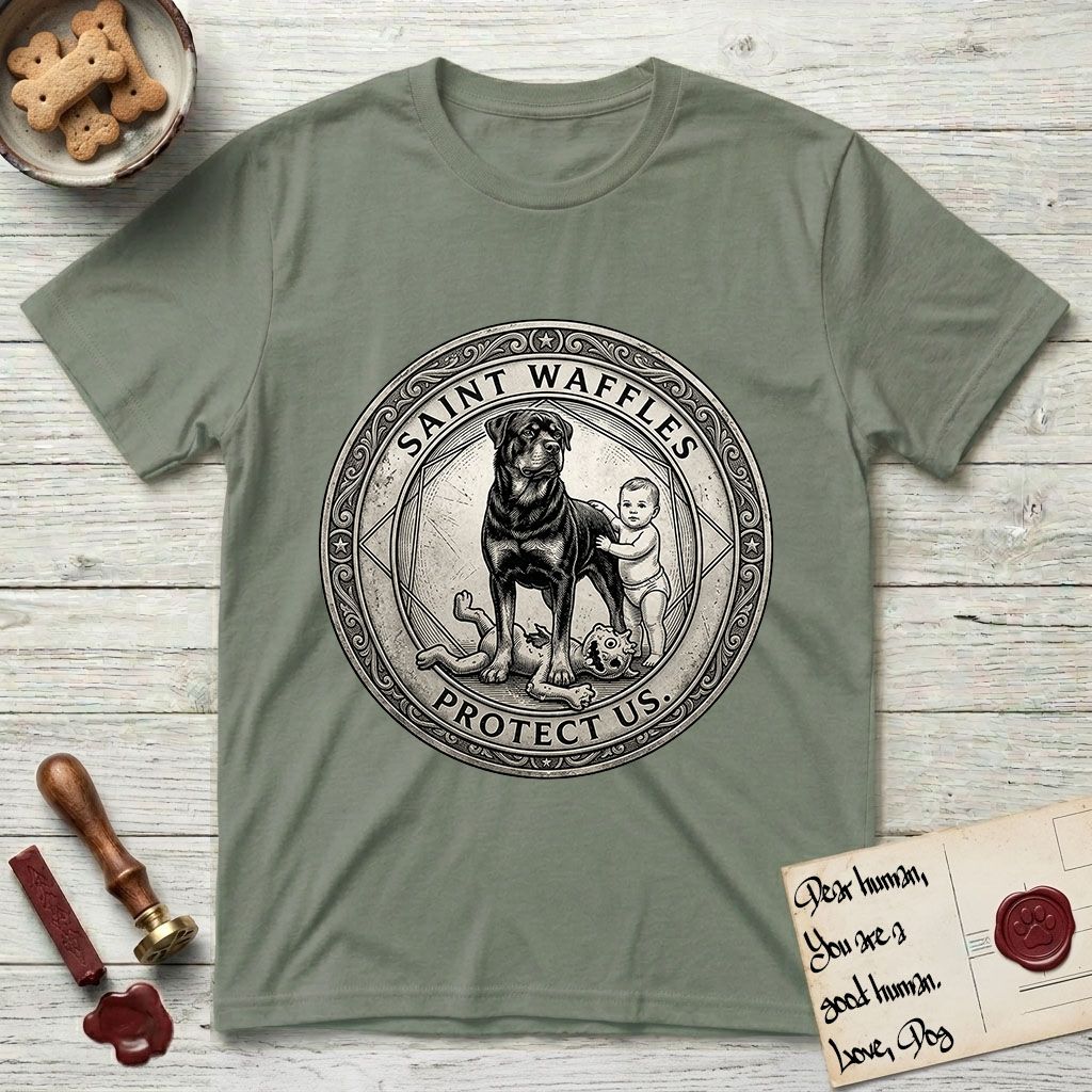 Patron Saint Medallion Saint Waffles T-Shirt flat lay in Sage, featuring a vintage engraving coin medallion of a haloed Rottweiler standing guard over a small child, with the petition PROTECT US.