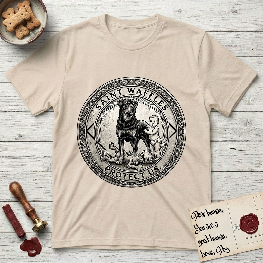 Patron Saint Medallion Saint Waffles T-Shirt flat lay in Sand, featuring a vintage engraving coin medallion of a haloed Rottweiler standing guard over a small child, with the petition PROTECT US.