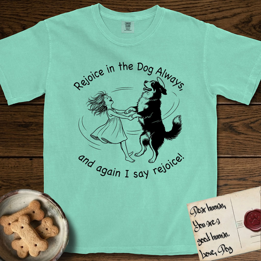 Rejoice in the Dog Bernese Mountain Dog T-Shirt flat lay in Island Reef, featuring a sparse pen-and-ink illustration of a girl and her Bernese Mountain Dog spinning together, her feet lifting off the ground.