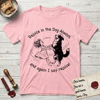 Rejoice in the Dog Bernese Mountain Dog T-Shirt flat lay in Light Pink, featuring a sparse pen-and-ink illustration of a girl and her Bernese Mountain Dog spinning together, her feet lifting off the ground.