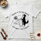 Rejoice in the Dog Bernese Mountain Dog T-Shirt flat lay in White, featuring a sparse pen-and-ink illustration of a girl and her Bernese Mountain Dog spinning together, her feet lifting off the ground.