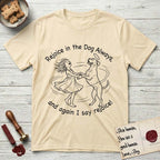 Rejoice in the Dog Boxer T-Shirt flat lay in Natural, featuring a sparse pen-and-ink illustration of a girl and her Boxer dancing on his hind legs, both heads thrown back in joy.