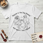 Rejoice in the Dog Boxer T-Shirt flat lay in White, featuring a sparse pen-and-ink illustration of a girl and her Boxer dancing on his hind legs, both heads thrown back in joy.