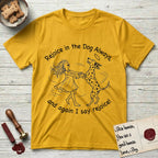 Rejoice in the Dog Dalmatian T-Shirt flat lay in Daisy, featuring a sparse pen-and-ink illustration of a girl and her Dalmatian spinning together, both heads thrown back in joy.