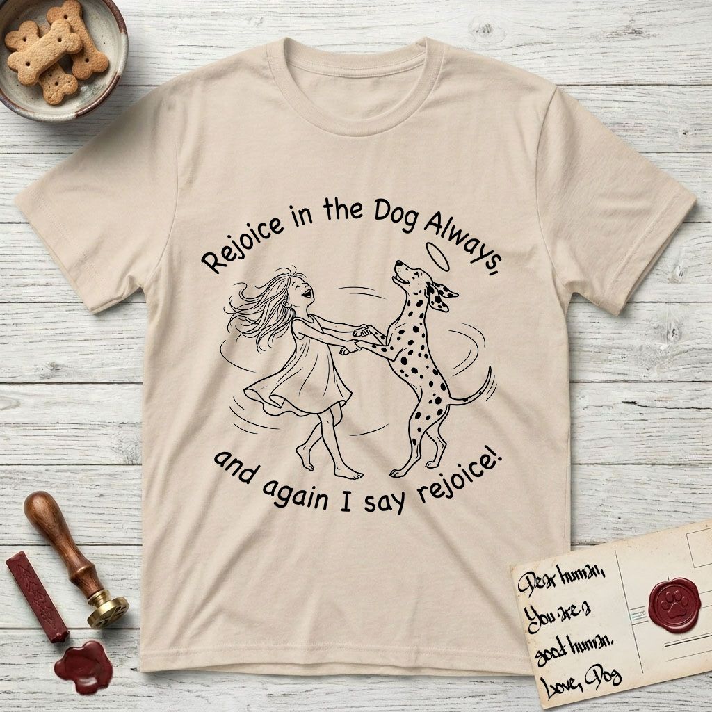Rejoice in the Dog Dalmatian T-Shirt flat lay in Sand, featuring a sparse pen-and-ink illustration of a girl and her Dalmatian spinning together, both heads thrown back in joy.