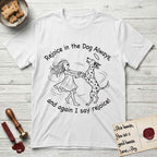 Rejoice in the Dog Dalmatian T-Shirt flat lay in White, featuring a sparse pen-and-ink illustration of a girl and her Dalmatian spinning together, both heads thrown back in joy.