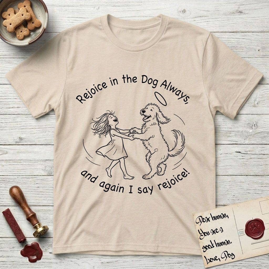 Rejoice in the Dog Goldendoodle T-Shirt flat lay in Sand, featuring a sparse pen-and-ink illustration of a girl and her Goldendoodle dancing together, fur flying, both heads thrown back.