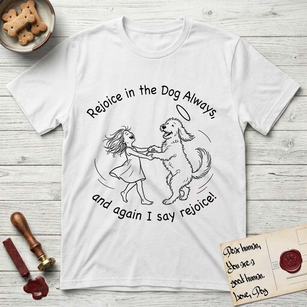 Rejoice in the Dog Goldendoodle T-Shirt flat lay in White, featuring a sparse pen-and-ink illustration of a girl and her Goldendoodle dancing together, fur flying, both heads thrown back.