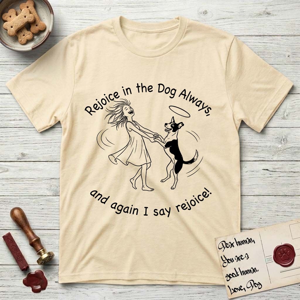 Rejoice in the Dog Lobo T-Shirt flat lay in Natural, featuring a sparse pen-and-ink illustration of a girl and her haloed Dog Lobo spinning together, hands and paws clasped.