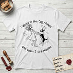 Rejoice in the Dog Lobo T-Shirt flat lay in White, featuring a sparse pen-and-ink illustration of a girl and her haloed Dog Lobo spinning together, hands and paws clasped.