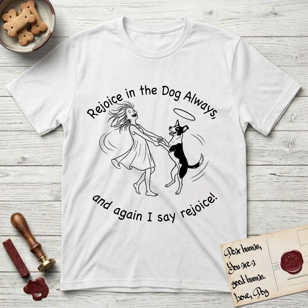 Rejoice in the Dog Lobo T-Shirt flat lay in White, featuring a sparse pen-and-ink illustration of a girl and her haloed Dog Lobo spinning together, hands and paws clasped.