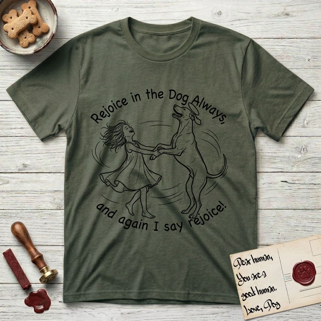 Rejoice in the Dog Rhodesian Ridgeback T-Shirt flat lay in Heather Military Green, featuring a sparse pen-and-ink illustration of a girl and her Rhodesian Ridgeback spinning together, hands and paws clasped.