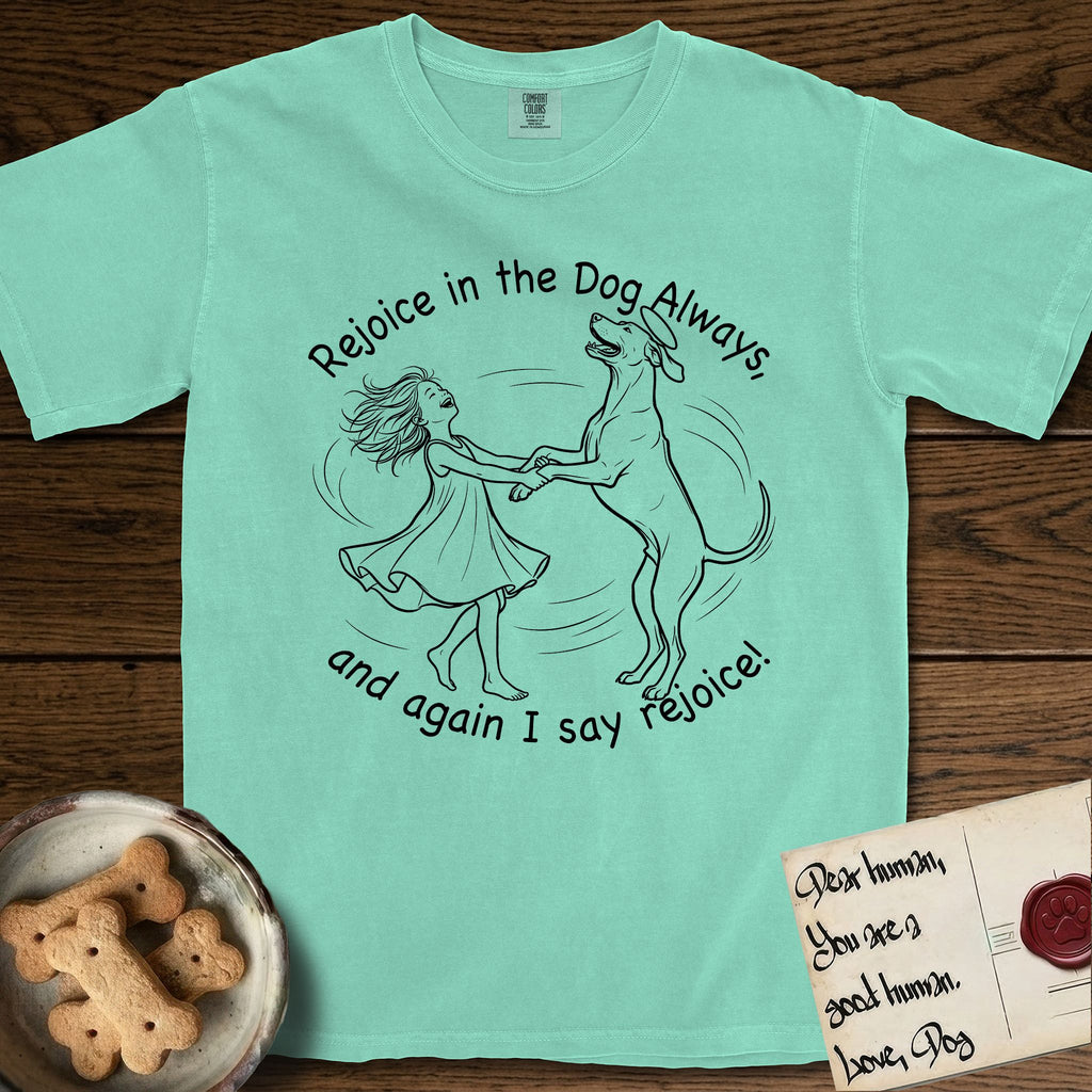 Rejoice in the Dog Rhodesian Ridgeback T-Shirt flat lay in Island Reef, featuring a sparse pen-and-ink illustration of a girl and her Rhodesian Ridgeback spinning together, hands and paws clasped.
