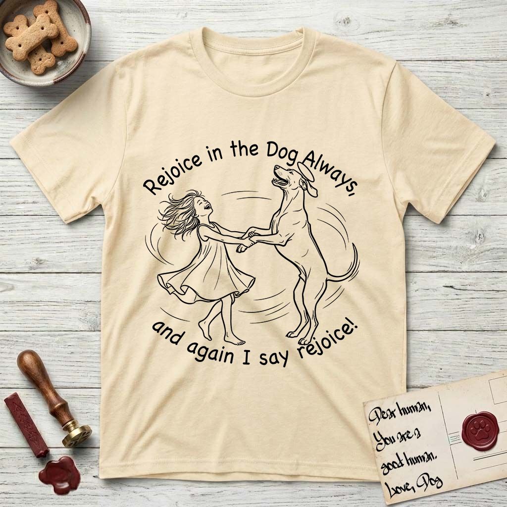 Rejoice in the Dog Rhodesian Ridgeback T-Shirt flat lay in Natural, featuring a sparse pen-and-ink illustration of a girl and her Rhodesian Ridgeback spinning together, hands and paws clasped.