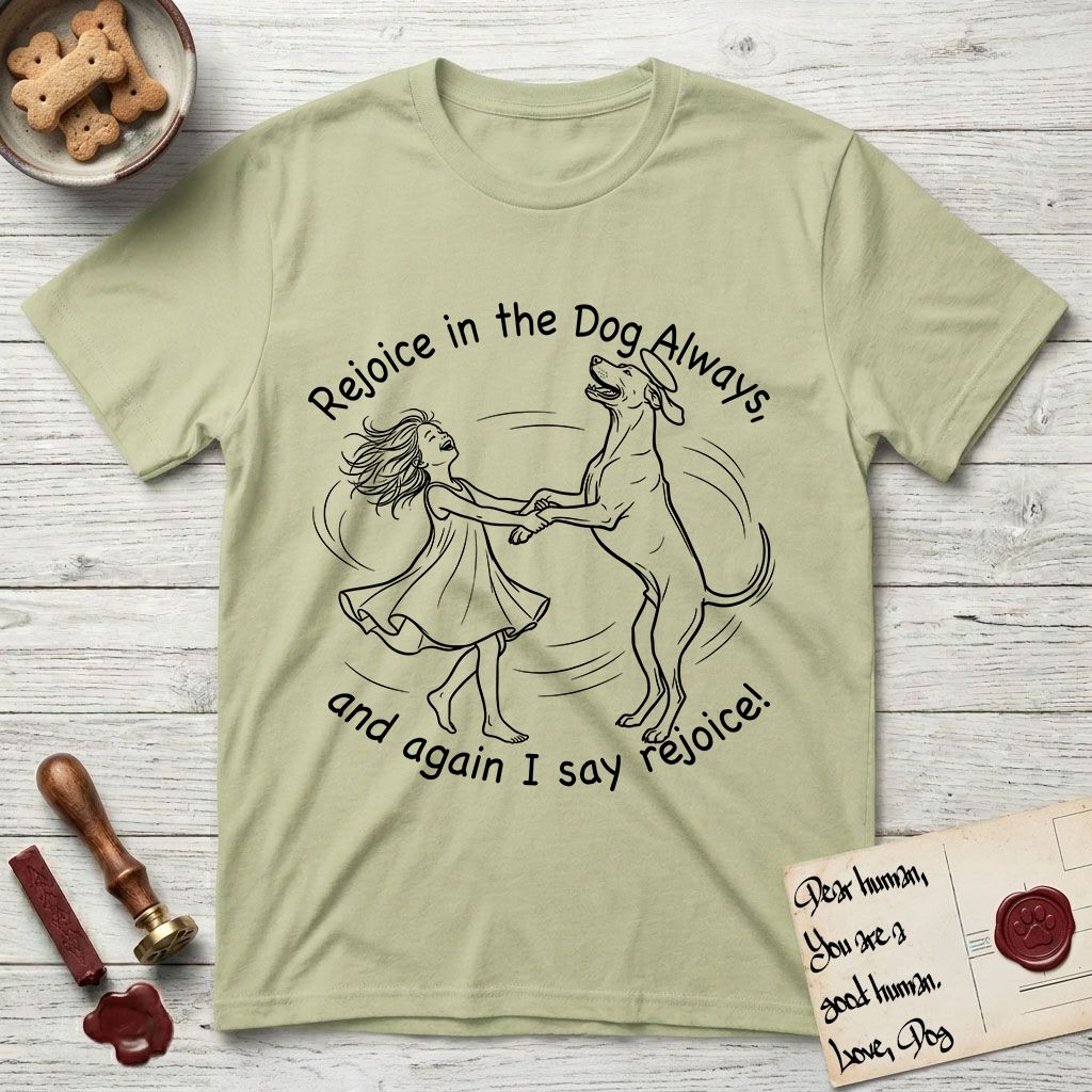 Rejoice in the Dog Rhodesian Ridgeback T-Shirt flat lay in Pistachio, featuring a sparse pen-and-ink illustration of a girl and her Rhodesian Ridgeback spinning together, hands and paws clasped.