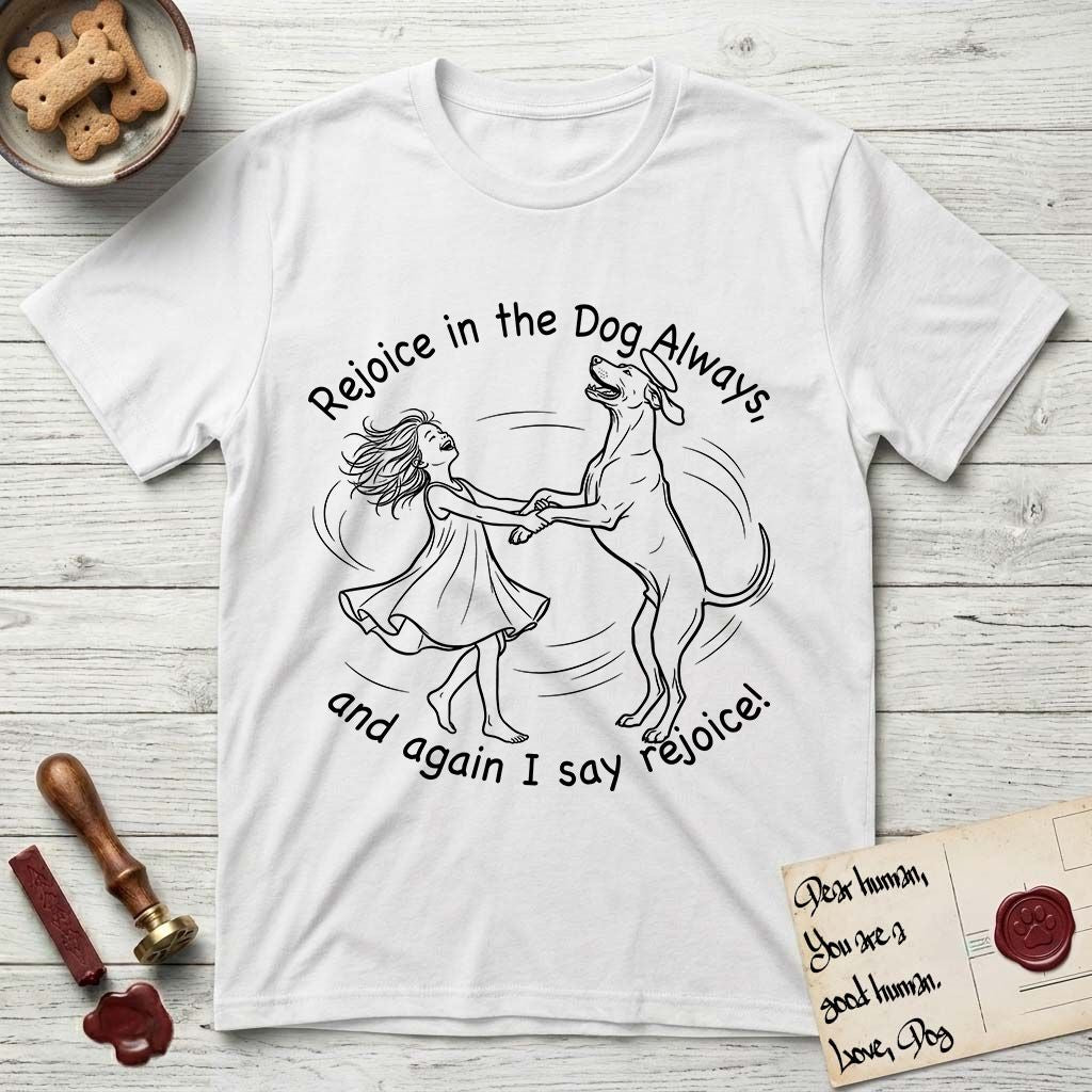 Rejoice in the Dog Rhodesian Ridgeback T-Shirt flat lay in White, featuring a sparse pen-and-ink illustration of a girl and her Rhodesian Ridgeback spinning together, hands and paws clasped.