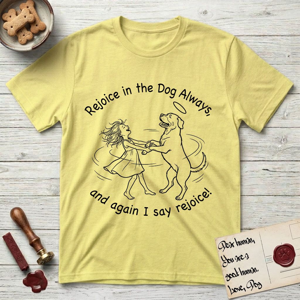 Rejoice in the Dog Rottweiler T-Shirt flat lay in Cornsilk, featuring a sparse pen-and-ink illustration of a girl and her Rottweiler dancing on her hind legs, both heads thrown back in joy.