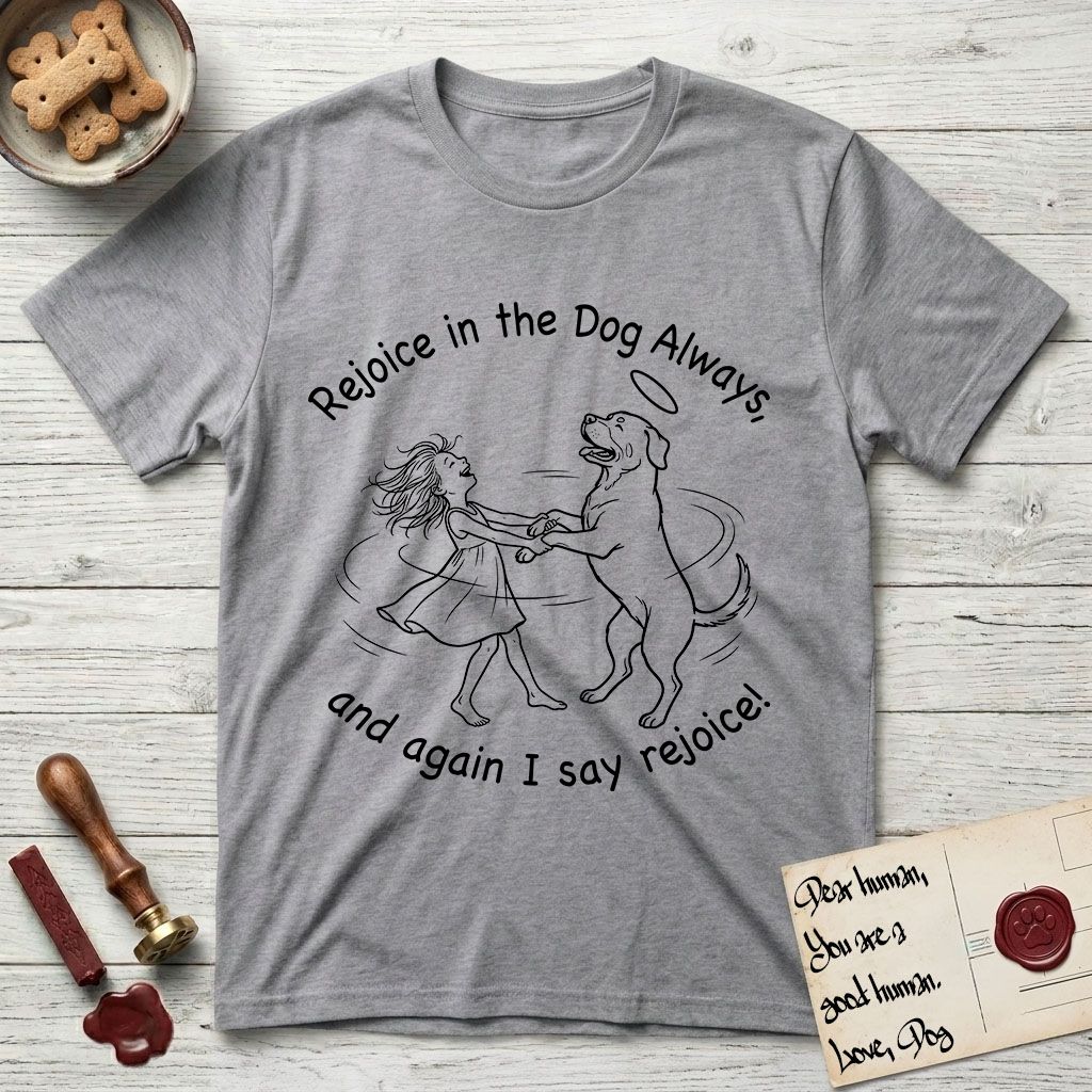 Rejoice in the Dog Rottweiler T-Shirt flat lay in Sport Grey, featuring a sparse pen-and-ink illustration of a girl and her Rottweiler dancing on her hind legs, both heads thrown back in joy.