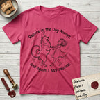 Rejoice in the Dog Samoyed T-Shirt flat lay in Heather Red, featuring a sparse pen-and-ink illustration of a girl and her smiling Samoyed spinning together, hands and paws clasped.