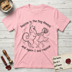 Rejoice in the Dog Samoyed T-Shirt flat lay in Light Pink, featuring a sparse pen-and-ink illustration of a girl and her smiling Samoyed spinning together, hands and paws clasped.