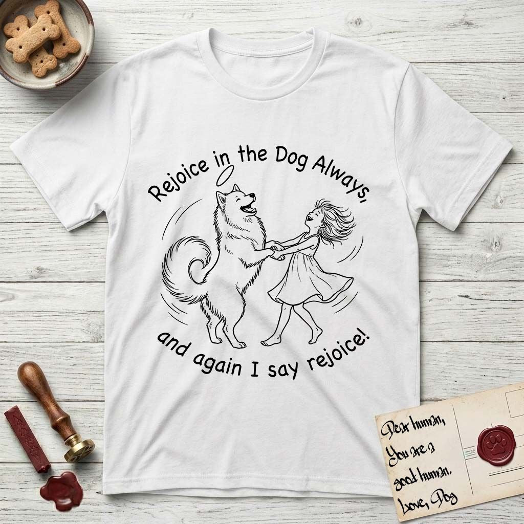 Rejoice in the Dog Samoyed T-Shirt flat lay in White, featuring a sparse pen-and-ink illustration of a girl and her smiling Samoyed spinning together, hands and paws clasped.