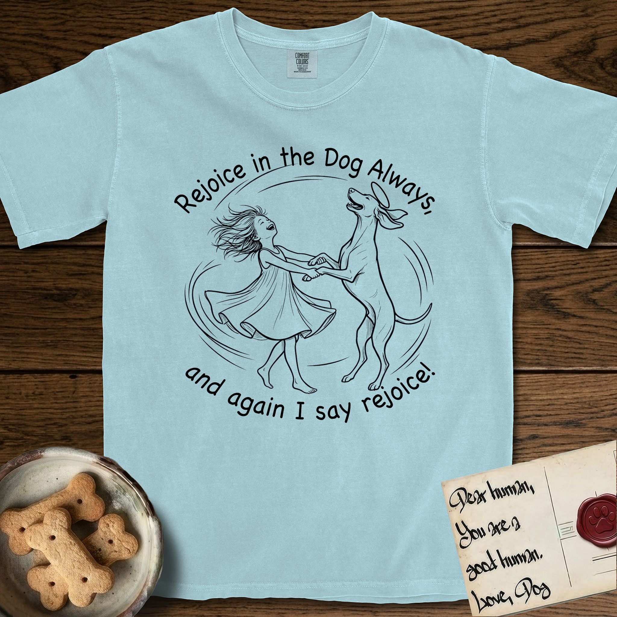 Rejoice in the Dog Vizsla T-Shirt flat lay in Chambray, featuring a sparse pen-and-ink illustration of a girl and her Vizsla spinning together, hands and paws clasped.